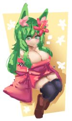 Rule 34 | 1girl, breasts, cleavage, emerald kitty, fox girl, green hair, hair ornament, highres, large breasts, original, solo, thick thighs, thighs