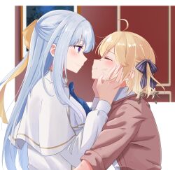 Rule 34 | 2girls, absurdres, ahoge, anisphia wynn palettia, black ribbon, blonde hair, blush, capelet, chai haru, closed eyes, closed mouth, commentary request, dress, euphyllia magenta, grey hair, hair ribbon, highres, imminent kiss, indoors, long hair, looking at another, medium hair, multiple girls, purple eyes, red sweater, ribbon, sleeves rolled up, smile, sweater, tensei oujo to tensai reijou no mahou kakumei, upper body, white capelet, white dress, yellow ribbon, yuri
