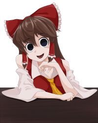 Rule 34 | 1girl, black hair, bow, breasts, brown hair, cleavage, collared shirt, commentary request, cookie (touhou), detached sleeves, empty eyes, frilled bow, frilled hair tubes, frills, hair between eyes, hair bow, hair tubes, hakurei reimu, highres, leaning forward, long bangs, long hair, looking at viewer, medium breasts, necktie, noel (cookie), open mouth, red bow, red shirt, shirt, sidelocks, simple background, sleeveless, sleeveless shirt, smile, solo, suisyu chouman chawan no kakera, table, touhou, transparent background, upper body, white sleeves, yellow necktie