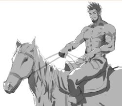 Rule 34 | 1422188087, 1boy, abs, animal, bara, beard, facial hair, fate/grand order, fate (series), gloves, greyscale, horse, horseback riding, long sideburns, looking at viewer, male focus, monochrome, muscular, napoleon bonaparte (fate), pants, pectorals, riding, scar, sketch, smile, solo