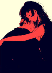 Rule 34 | 1boy, 1girl, closed eyes, from side, hand on another&#039;s head, hime cut, hug, limited palette, long hair, looking at viewer, midoro, monochrome, original, profile, red theme, short hair