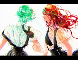 Rule 34 | 2others, absurdres, androgynous, closed eyes, eyes visible through hair, gem uniform (houseki no kuni), green hair, happy, highres, houseki no kuni, letterboxed, long hair, looking at another, multiple others, necktie, open mouth, phosphophyllite, red eyes, red hair, cinnabar (houseki no kuni), short hair, smile, suspenders
