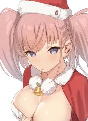 Rule 34 | 1girl, atlanta (kancolle), breasts, brown hair, capelet, cleavage, fur-trimmed capelet, fur-trimmed headwear, fur trim, grey eyes, hat, kantai collection, large breasts, long hair, official alternate costume, red capelet, red hat, sakieko, santa hat, simple background, solo, two side up, upper body, white background