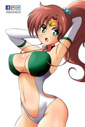 Rule 34 | 1girl, absurdres, arms behind head, arms up, artist name, bishoujo senshi sailor moon, blush, bow, bowtie, breasts, brown hair, center opening, circlet, cowboy shot, elbow gloves, female focus, gloves, green eyes, hair bobbles, hair ornament, heart, highres, large breasts, looking to the side, lucyfer, navel, one-piece swimsuit, open mouth, pink bow, ponytail, sailor jupiter, simple background, solo, standing, swimsuit, watermark, white background, white gloves