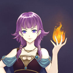 Rule 34 | 1girl, absurdres, bare shoulders, dakkalot, expressionless, fire, fire emblem, fire emblem: the sacred stones, fire emblem heroes, fireball, gold trim, highres, jewelry, looking at viewer, lute (fire emblem), necklace, nintendo, purple eyes, purple hair, simple background, upper body