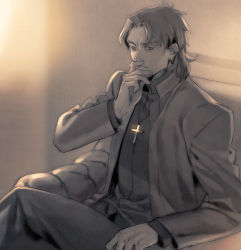 Rule 34 | 1boy, bad id, bad pixiv id, cross, cross necklace, fate/stay night, fate (series), jewelry, kotomine kirei, long coat, male focus, muted color, necklace, sitting, solo, taa (acid)