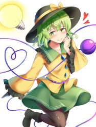 Rule 34 | 1girl, blouse, boots, bow, breasts, commentary request, eyeball, foot out of frame, green eyes, green hair, green skirt, grin, hat, hat bow, heart, heart of string, highres, holding, holding knife, knife, komeiji koishi, light bulb, looking to the side, nagomian, pantyhose, shirt, short hair, simple background, skirt, small breasts, smile, solo, third eye, touhou, white background, wide sleeves, yellow bow, yellow shirt