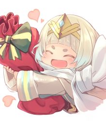 Rule 34 | 1girl, blue hair, bow, closed eyes, fire emblem, fire emblem heroes, gift bag, gradient hair, heart, highres, long sleeves, multicolored hair, nakabayashi zun, nintendo, open mouth, short hair, simple background, solo, tiara, upper body, white background, white hair, ylgr (fire emblem)