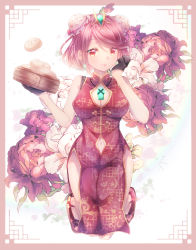 Rule 34 | 1girl, absurdres, alternate costume, amano rune, breasts, bun cover, chest jewel, china dress, chinese clothes, cleavage cutout, clothing cutout, double bun, dress, gloves, hair bun, half gloves, highres, large breasts, pelvic curtain, pyra (xenoblade), red eyes, red hair, short dress, short hair, side slit, solo, swept bangs, tiara, xenoblade chronicles (series), xenoblade chronicles 2