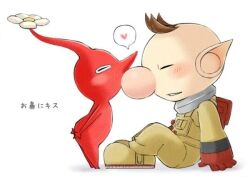 Rule 34 | 1boy, backpack, bad id, bad pixiv id, bag, big nose, blush, brown hair, buttons, closed eyes, colored skin, flower, from side, full body, gloves, heart, kiss, kissing nose, male focus, nintendo, no headwear, no mouth, olimar, parted lips, pikmin (creature), pikmin (series), pointy ears, pointy nose, red bag, red gloves, red pikmin, red skin, shadow, short hair, simple background, sitting, smile, spacesuit, spoken heart, very short hair, white background, white flower, yorumatsu