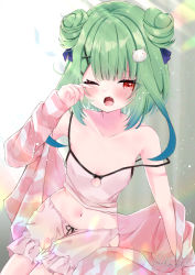 Rule 34 | 1girl, ;o, bare shoulders, black ribbon, bloomers, blue hair, blue ribbon, breasts, camisole, cat hair ornament, collarbone, double bun, fang, gradient hair, green hair, hair bun, hair ornament, hair ribbon, hololive, looking at viewer, medium hair, midriff, moizumi shipon, multicolored hair, navel, one eye closed, open clothes, open mouth, open shirt, pajamas, pink camisole, pink shirt, pink shorts, red eyes, ribbon, rubbing eyes, shirt, shorts, sidelocks, skin fang, sleepy, small breasts, solo, strap slip, striped clothes, striped shirt, tears, underwear, uruha rushia, virtual youtuber, waking up, x hair ornament, yawning