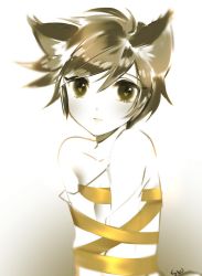 Rule 34 | 1girl, animal ears, blush, brown eyes, brown hair, closed mouth, gradient background, grey background, heart, heart-shaped pupils, kaoruru (sakuno2911), kemonomimi mode, looking at viewer, messy hair, monochrome, naked ribbon, overwatch, overwatch 1, ribbon, short hair, signature, solo, symbol-shaped pupils, tracer (overwatch), upper body