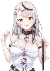 Rule 34 | 1girl, @ @, arm strap, belt, black collar, black hair, blush, braid, breasts, collar, ear piercing, fang, grey hair, hair ornament, hairclip, highres, holding, holding belt, hololive, large breasts, looking at viewer, mitsuru (pixiv 34028718), multicolored hair, open mouth, piercing, red eyes, sakamata chloe, sakamata chloe (1st costume), shirt, simple background, solo, strap slip, streaked hair, upper body, virtual youtuber, white background, white shirt, x hair ornament