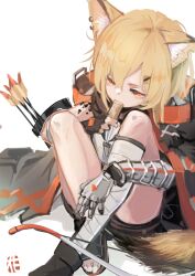 Rule 34 | 1girl, animal ear fluff, animal ears, archery shooting glove, arknights, arrow (projectile), bandaged leg, bandages, black coat, black shorts, blonde hair, boots, bow (weapon), brown footwear, brown gloves, coat, commentary, eating, fox ears, fox girl, fox tail, full body, gauntlets, gloves, half-closed eyes, highres, knees up, material growth, orange hair, oripathy lesion (arknights), partially fingerless gloves, ponko2sakuma, quiver, sandals, short hair, shorts, single boot, single sandal, solo, tail, vermeil (arknights), weapon