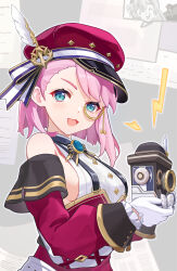 Rule 34 | 1girl, :d, absurdres, bare shoulders, blue eyes, breasts, brooch, cabbie hat, camera, charlotte (genshin impact), commentary request, detached sleeves, genshin impact, gloves, hat, highres, holding, holding camera, jewelry, kuangkuangti, long sleeves, looking at viewer, lumine (genshin impact), medium breasts, open mouth, pink hair, red hat, shirt, short hair, sideboob, sleeveless, sleeveless shirt, smile, solo, upper body, white gloves, white shirt
