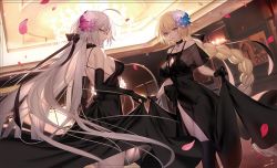 Rule 34 | 2girls, ahoge, black bow, black dress, black gloves, black ribbon, black socks, blonde hair, blush, bow, braid, breasts, chandelier, choker, cleavage, clothes lift, dress, dress lift, dutch angle, elbow gloves, fate/grand order, fate (series), floating hair, flower, gloves, hair bow, hair flower, hair ornament, hair ribbon, indoors, jeanne d&#039;arc (fate), jeanne d&#039;arc (formal dress) (fate), jeanne d&#039;arc (ruler) (fate), jeanne d&#039;arc alter (avenger) (fate), jeanne d&#039;arc alter (fate), jewelry, kneehighs, large breasts, lifting own clothes, long hair, looking at viewer, mashima saki (mashimasa), multiple girls, necklace, open mouth, parted lips, petals, ribbon, see-through, silver hair, single braid, smile, socks, sparkle, very long hair, yellow eyes
