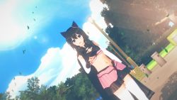 Rule 34 | 1girl, 3d, animal ears, bare shoulders, black cloak, black gloves, black shorts, blue sky, branch, cat ears, cat girl, cloak, cloud, cloudy sky, day, earrings, fingerless gloves, fran (tensei shitara ken deshita), gloves, gold earrings, grey eyes, hair between eyes, hand up, highres, jewelry, kirbro, lamppost, leaf, looking at viewer, midriff, navel, open mouth, outdoors, shorts, sky, smile, solo, standing, stomach, sun, sunlight, tensei shitara ken deshita, thighhighs, thighs, tree, white thighhighs