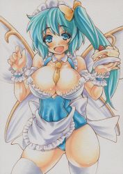Rule 34 | 1girl, aged up, apron, ascot, bare shoulders, blush, bow, breasts, cake, cleavage, daiyousei, food, green eyes, green hair, hair bow, large breasts, maid, maid apron, maid headdress, matching hair/eyes, open mouth, plate, short hair, side ponytail, simple background, smile, solo, thighhighs, touhou, white background, white thighhighs, wings, wrist cuffs, yutakasan-love