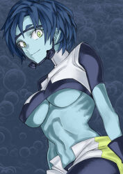 Rule 34 | 1girl, abs, absurdres, aqua skin, arms at sides, black gloves, black leggings, black shirt, blue hair, boku no hero academia, breasts, bubble, bubble background, bubble girl (boku no hero academia), closed mouth, colored skin, commentary, cowboy shot, crop top, cropped jacket, diving mask, dutch angle, eyelashes, from below, from side, gloves, goggles, green eyes, highres, jacket, kumamiya, large breasts, leggings, leggings under shorts, light smile, looking at viewer, looking down, looking to the side, lowleg, mandarin collar, midriff, narrow waist, navel, open clothes, open fly, open shorts, ribs, shirt, short hair, short shorts, shorts, sleeveless, sleeveless jacket, smile, solo, thick eyebrows, toned, two-tone shorts, underboob, very short hair, white jacket, white shorts, wide-eyed, yellow shorts