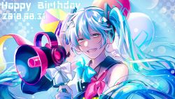Rule 34 | 1girl, 2018, :d, balloon, bare shoulders, blue bow, blue eyes, blue hair, blue nails, bow, dated, floating hair, hair between eyes, hair bow, happy birthday, hatsune miku, headphones, highres, holding, holding megaphone, long hair, magical mirai miku, magical mirai miku (2018), megaphone, nail polish, open mouth, piyo 8080, smile, solo, twintails, upper body, very long hair, vocaloid, white bow