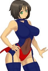 Rule 34 | 1girl, ahoge, aliasing, armor, armpits, black hair, bodysuit, breasts, brown hair, cosplay, covered navel, cowboy shot, garter straps, green eyes, gunxsword, hand on own hip, highleg, honchan, impossible clothes, impossible leotard, large breasts, leotard, lingerie, lowres, nchallenge, nchans, no armor, pixel art, priscilla (gunxsword), priscilla (gunxsword) (cosplay), see-through, short hair, simple background, skirt, solo, standing, thighhighs, underwear, warner, white background