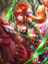 Rule 34 | 1girl, ahoge, animal, armor, box (hotpppink), breasts, cleavage, day, flower, green eyes, hair flower, hair ornament, highres, holding, holding reins, holding weapon, horseback riding, japanese armor, long hair, looking at viewer, official art, open mouth, orange hair, outdoors, polearm, ponytail, reins, riding, sengoku kishin valkyrie, smile, spear, tree, updo, very long hair, watermark, weapon
