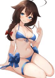 Rule 34 | 1girl, ahoge, bikini, blue bikini, blue eyes, bow, braid, breasts, brown hair, crossed bangs, flip-flops, front-tie bikini top, front-tie top, hair between eyes, hair bow, hair flaps, hair over shoulder, highres, kantai collection, long hair, looking at viewer, medium breasts, navel, official alternate costume, parted lips, red bow, sandals, shigure kai san (swimsuit) (kancolle), single braid, sitting, smile, solo, swimsuit, thigh strap, v, wariza, white background, zarashi