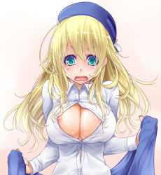Rule 34 | 10s, 1girl, 45 (diagonal45angle), atago (kancolle), bad id, bad pixiv id, blonde hair, blush, breasts, female focus, green eyes, hat, kantai collection, large breasts, long hair, looking down, nipple slip, nipples, no bra, open clothes, open mouth, open shirt, shirt, solo, unbuttoned, white shirt