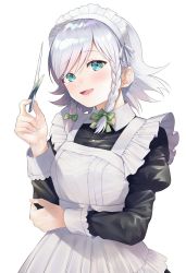 Rule 34 | 1girl, anarogumaaa, apron, aqua eyes, black dress, blush, bow, bowtie, braid, breasts, buttons, collared dress, commentary request, dress, eyes visible through hair, frills, green bow, green bowtie, grey hair, hair between eyes, hair bow, hands up, highres, izayoi sakuya, juliet sleeves, long sleeves, looking at viewer, maid, maid headdress, medium breasts, open mouth, puffy sleeves, scissors, short hair, simple background, smile, solo, standing, touhou, twin braids, white apron, white background, white bow
