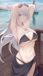 Rule 34 | 1girl, ak-15 (girls&#039; frontline), armpits, arms behind head, arms up, bare arms, bare shoulders, bikini, black bikini, boat, breasts, cleavage, eyewear on head, girls&#039; frontline, halterneck, highleg, highleg bikini, highres, large breasts, long hair, looking at viewer, multi-strapped bikini, navel, o-ring, o-ring bikini, outdoors, purple eyes, ru zhai, sarong, silver hair, solo, standing, stomach, sunglasses, swimsuit, very long hair, water, watercraft, wet