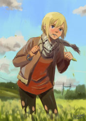 Rule 34 | 1girl, 2016, alternate costume, blonde hair, blue eyes, blurry, casual, cloud, dated, day, depth of field, erica hartmann, field, grass, grin, highres, jacket, kanokoga, leaning forward, looking at viewer, mouth hold, pants, power lines, scarf, short hair, signature, sketch, sky, smile, solo, strike witches, winter clothes, world witches series