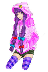 Rule 34 | 1girl, alternate costume, bad id, bad pixiv id, contemporary, cowboy shot, cropped legs, female focus, hands in pockets, hood, hooded jacket, jacket, long hair, patchouli knowledge, purple eyes, purple hair, ribbon, shorts, skindentation, solo, striped clothes, striped thighhighs, task (artist), thighhighs, touhou
