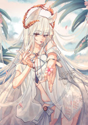 Rule 34 | 1girl, absurdres, animal ear fluff, animal ears, arknights, bare shoulders, brown eyes, commentary request, cowboy shot, flower, highres, long hair, looking at viewer, official alternate costume, pink flower, platinum (arknights), platinum (shimmering dew) (arknights), reaching, reaching towards viewer, silver hair, solo, standing, thighs, ya kexi
