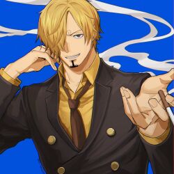 Rule 34 | 1boy, blonde hair, blue background, cigarette, collared shirt, curly eyebrows, facial hair, formal, goatee, hair over one eye, hd189733b, highres, loose necktie, male focus, necktie, one piece, outstretched hand, reaching, reaching towards viewer, sanji (one piece), shirt, short hair, smile, smoke, suit, upper body