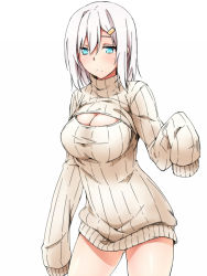 Rule 34 | 10s, 1girl, aqua eyes, breasts, cleavage, cleavage cutout, clothing cutout, female admiral (kancolle), hair ornament, hairclip, kantai collection, large breasts, meme attire, open-chest sweater, ribbed sweater, shindou akane, shinsono shiroko, short hair, sleeves past wrists, solo, standing, sweater, turtleneck, white hair