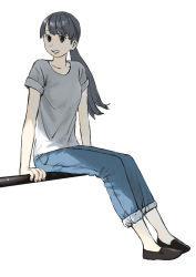 Rule 34 | 1girl, absurdres, arm support, arms at sides, black footwear, blue pants, commentary request, denim, full body, grey hair, grey shirt, grin, highres, jeans, long hair, looking at viewer, original, pants, pants rolled up, ponytail, shirt, short sleeves, simple background, sitting, smile, solo, swept bangs, turquoise iro, white background