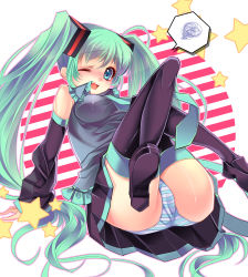 Rule 34 | 1girl, absurdres, bad id, bad pixiv id, blue eyes, blush, detached sleeves, green hair, hatsune miku, highres, legs, long hair, necktie, one eye closed, panties, skirt, solo, striped clothes, striped panties, thighhighs, twintails, underwear, very long hair, vocaloid, wink, yu (bkks)