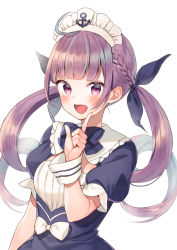 Rule 34 | 1girl, :d, ahoge, anchor, blue bow, blue dress, blue hair, blue ribbon, blush, bow, braid, breasts, colored inner hair, commentary request, dress, hair ribbon, hand up, hololive, index finger raised, long hair, looking at viewer, maid headdress, midorikawa you, minato aqua, minato aqua (1st costume), multicolored hair, open mouth, puffy short sleeves, puffy sleeves, purple eyes, purple hair, ribbon, short sleeves, sidelocks, simple background, small breasts, smile, solo, twintails, two-tone hair, upper body, very long hair, virtual youtuber, white background, white bow, wrist cuffs