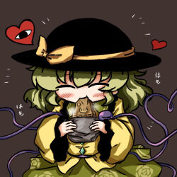 Rule 34 | 1girl, black hat, blouse, blush, bow, brown background, buttons, closed eyes, diamond button, eating, eyeball, floral print, food, frilled shirt collar, frilled sleeves, frills, green hair, green skirt, hat, hat bow, hat ribbon, heart, heart of string, heripantomorrow, holding, holding food, komeiji koishi, leaning forward, long sleeves, medium hair, ribbon, rose print, shirt, simple background, skirt, smile, solo, third eye, touhou, upper body, wavy hair, wide sleeves, yellow bow, yellow ribbon, yellow shirt