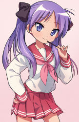 Rule 34 | 1girl, asada hachi, black bow, blush, bow, closed mouth, commentary request, cowboy shot, food, hair bow, hand on own hip, hand up, highres, hiiragi kagami, holding, holding food, long hair, long sleeves, looking at viewer, lucky star, neckerchief, pink neckerchief, pleated skirt, pocky, purple eyes, purple hair, red sailor collar, ryouou school uniform, sailor collar, school uniform, serafuku, shirt, skirt, smile, solo, standing, twintails, twitter username, watermark, white shirt