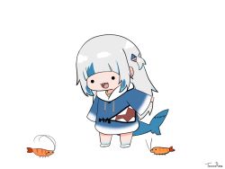 Rule 34 | 1girl, blue eyes, blue hair, fins, fish tail, gawr gura, hololive, hololive english, multicolored hair, open mouth, shark tail, sharp teeth, shrimp, silver hair, simple background, solo, streaked hair, tail, teeth, torororose, virtual youtuber, white background