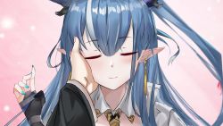 Rule 34 | 1boy, 1girl, arknights, blue hair, blue nails, bridal gauntlets, closed eyes, closed mouth, earrings, facing viewer, hair between eyes, hand on another&#039;s face, hand up, horns, jewelry, ling (arknights), long hair, long sleeves, long wuxian, multicolored hair, nail polish, out of frame, pointy ears, ponytail, portrait, shirt, solo focus, streaked hair, white hair, white shirt, wide sleeves
