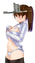 Rule 34 | 10s, 1girl, absurdres, akasaai, alternate costume, belly, blush, bow, bow panties, breast conscious, breastless clothes, brown eyes, brown hair, cleavage cutout, clothes lift, clothes pull, clothing cutout, covered erect nipples, cowboy shot, flat chest, from side, highres, kantai collection, lifting own clothes, long hair, meme attire, navel, nipples, open-chest sweater, panties, pasties, pout, ribbed sweater, ryuujou (kancolle), shikigami, simple background, skirt, skirt pull, solo, sweater, sweater lift, turtleneck, twintails, underwear, visor cap, white background, white panties