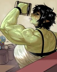 Rule 34 | ..., 1girl, 1other, alcohol, back, black hair, blonde hair, blush, breasts, choker, commentary, cup, dripping, ear blush, english commentary, facial scar, female orc, grey background, highres, holding, holding cup, huge breasts, krekkball, krekkov, mug, muscular, muscular female, orc, original, pointy ears, scar, scar on cheek, scar on face, scar on nose, short hair, simple background, sitting, sweat, tongue, tongue out, tusks, upper body, wristband
