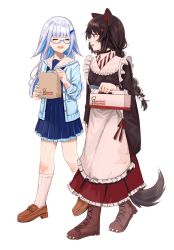 Rule 34 | 2girls, ^ ^, absurdres, animal ears, apron, bag, black choker, blue hair, blue skirt, blue sweater, boots, box, braid, brown footwear, brown hair, choker, closed eyes, colored inner hair, dog ears, dog tail, fang, frilled kimono, frills, glasses, highres, holding, holding bag, holding box, ibuki (ibuki0118), inui toko, japanese clothes, kimono, lize helesta, maid, maid apron, maid headdress, mister donut, multicolored hair, multiple girls, nijisanji, open mouth, red eyes, sailor collar, silver hair, skirt, smile, sweater, tail, twin braids, virtual youtuber, wa maid