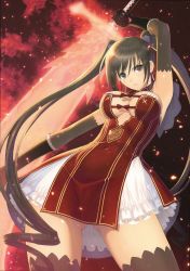 Rule 34 | 1girl, absurdres, arm up, armpits, black eyes, breasts, brown hair, cleavage, dress, dutch angle, earrings, elbow gloves, female focus, gloves, grin, highres, jewelry, large breasts, long hair, looking at viewer, maxima sakuya enfield, shining (series), shining blade, smile, solo, sword, thighhighs, tony taka, twintails, very long hair, weapon