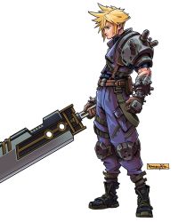 Rule 34 | 1boy, artist name, blonde hair, blue eyes, buster sword, clenched hand, cloud strife, commentary, english commentary, final fantasy, final fantasy vii, freakyfir, highres, holding, holding sword, holding weapon, looking down, male focus, redesign, solo, sword, weapon, white background