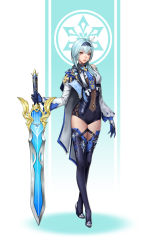 Rule 34 | 1girl, blue eyes, blue footwear, blue gloves, boots, brown eyes, cape, closed mouth, eula (genshin impact), full body, genshin impact, gloves, hair between eyes, hair ornament, headband, highres, holding, holding sword, holding weapon, leotard, lips, long hair, looking at viewer, medium hair, simonz1987, solo, sword, thigh boots, thighhighs, weapon, white cape