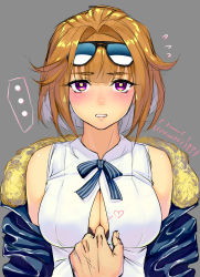 Rule 34 | ..., 1girl, blue bow, blush, bow, breasts, brown hair, cleavage, clothes pull, eyewear on head, flying sweatdrops, girls&#039; frontline, glasses, grey background, grizzly mkv (girls&#039; frontline), hair intakes, heart, highres, jacket, looking at viewer, purple eyes, redauto, shiny skin, shirt, shirt pull, short hair, sleeveless, sleeveless shirt, solo focus, striped, striped bow, sunglasses, upper body, white shirt