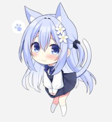 Rule 34 | 1girl, 3:, animal ear fluff, animal ears, black dress, blue eyes, blue hair, blush, cat ears, cat girl, cat tail, chibi, closed mouth, commentary request, double-parted bangs, dress, embarrassed, flower, hair between eyes, hair flower, hair ornament, kemonomimi mode, long hair, long sleeves, looking at viewer, original, paw print, shirt, simple background, skirt, skirt tug, sleeveless, sleeveless dress, solo, standing, tail, tail raised, two side up, utsunomiya tsumire, v arms, white background, white flower, white shirt, yuki (utsumire)